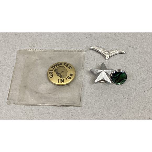 Goldwater In 64 Pin, Green Cat’s Eye Pin, Wings Pin & Italian Star Collar Medal - Picture 1 of 10